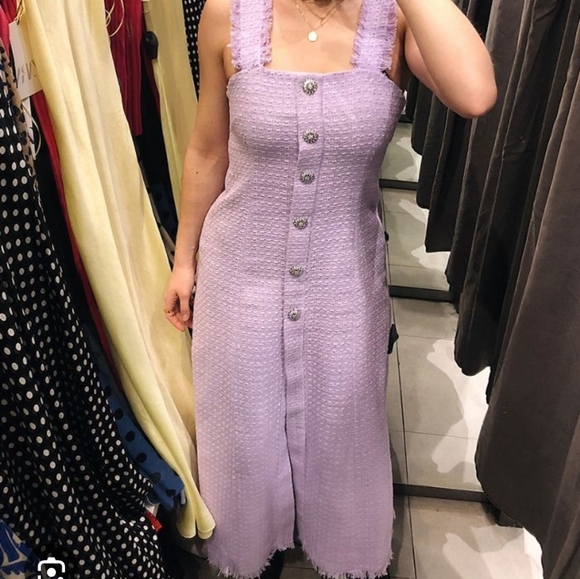 New-Zara long button up lilac Cotton Tweed Weave Large Crystal Buttons Dress - Picture 11 of 12